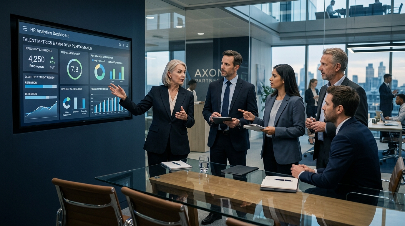 Equipo directivo analizando panel de analítica de personas y medición de talento en Recursos Humanos